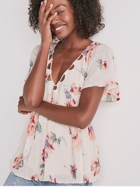 Lucky Brand Women's Floral Crinkle Flutter Sleeve Romantic Babydoll Blouse Sz L